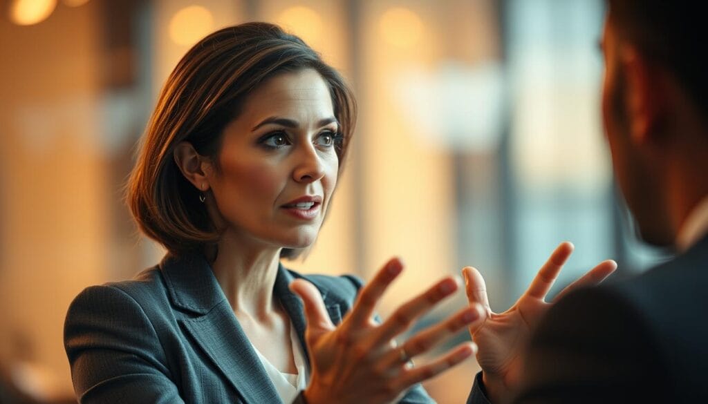 A businesswoman engrossed in a conversation, her body language and facial expressions conveying deeper meaning. Warm lighting illuminates the scene, creating an intimate atmosphere. Her hands gesticulate animatedly, her gaze intense and focused. The background blurs, drawing the viewer's attention to the nuanced nonverbal cues. A study in the art of interpersonal communication, capturing the subtleties that transcend words.