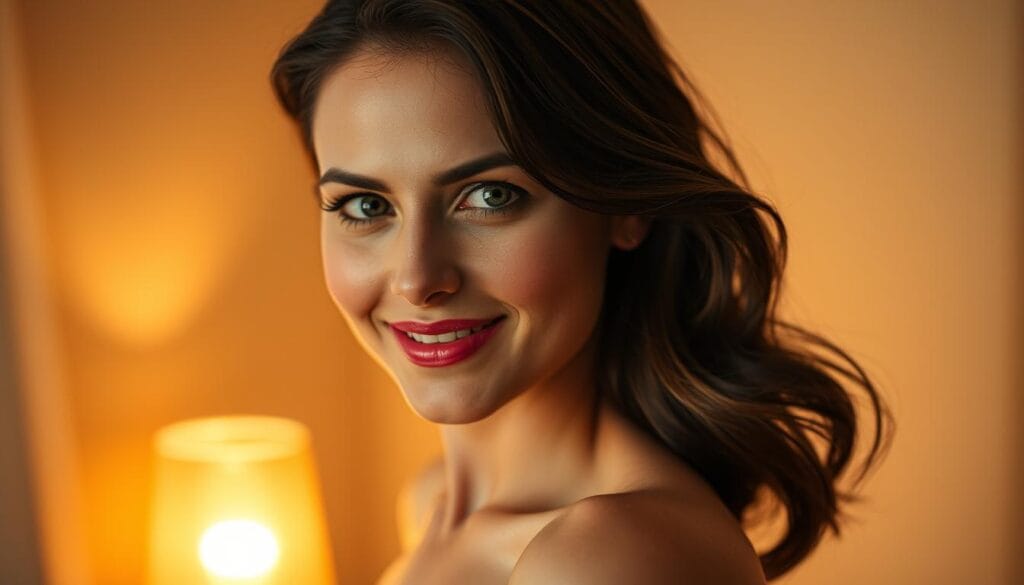 A captivating woman, her gaze alluring and her smile enchanting, stands in a softly lit room. Warm lighting casts a gentle glow, highlighting her delicate features and the mischievous gleam in her eyes. Her body language is poised and confident, exuding an aura of effortless seduction. The background is slightly blurred, drawing the viewer's attention to the woman's face and her mesmerizing expression. The overall mood is one of subtle flirtation, where a simple smile and a lingering look can captivate and entice. A captivating woman, her gaze alluring and her smile enchanting, stands in a softly lit room. Warm lighting casts a gentle glow, highlighting her delicate features and the mischievous gleam in her eyes. Her body language is poised and confident, exuding an aura of effortless seduction. The background is slightly blurred, drawing the viewer's attention to the woman's face and her mesmerizing expression. The overall mood is one of subtle flirtation, where a simple smile and a lingering look can captivate and entice.