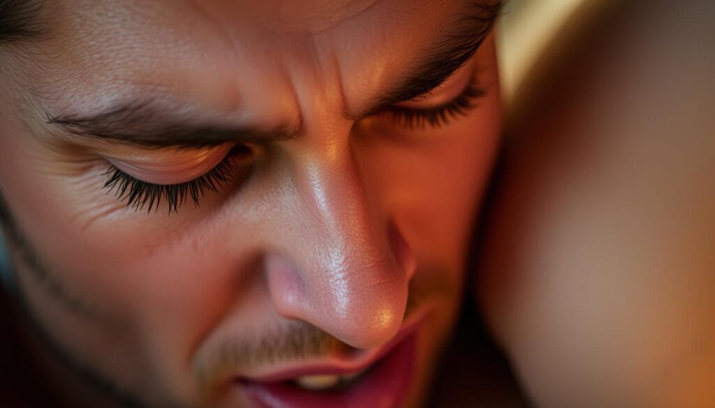 A close-up view of a man's facial expression during the moment of sexual penetration, captured with a shallow depth of field and warm, sensual lighting. His eyes are closed, brow furrowed, mouth slightly open, conveying a sense of intense pleasure and connection. The background is softly blurred, placing the focus entirely on the intimate, emotionally-charged experience. The composition is carefully framed to emphasize the man's subjective perspective, inviting the viewer to empathize with his subjective experience of the moment. A close-up view of a man's facial expression during the moment of sexual penetration, captured with a shallow depth of field and warm, sensual lighting. His eyes are closed, brow furrowed, mouth slightly open, conveying a sense of intense pleasure and connection. The background is softly blurred, placing the focus entirely on the intimate, emotionally-charged experience. The composition is carefully framed to emphasize the man's subjective perspective, inviting the viewer to empathize with his subjective experience of the moment.