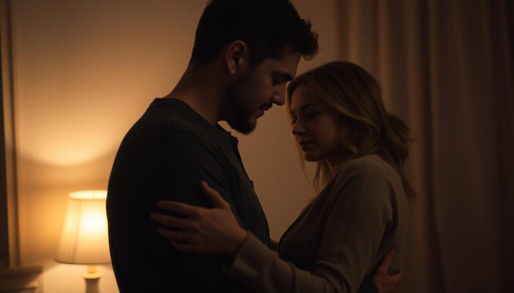 A couple embracing tenderly in a dimly lit room, their expressions conveying a sense of understanding and emotional intimacy. Soft, warm lighting from a single lamp casts a gentle glow, highlighting the vulnerability and trust between them. The background is blurred, allowing the focus to remain on the couple's connection. Their bodies are intertwined, conveying a deep, comforting support in the face of life's challenges. The overall atmosphere is one of solace, reassurance, and the unbreakable bond of love that perseveres through difficult times. A couple embracing tenderly in a dimly lit room, their expressions conveying a sense of understanding and emotional intimacy. Soft, warm lighting from a single lamp casts a gentle glow, highlighting the vulnerability and trust between them. The background is blurred, allowing the focus to remain on the couple's connection. Their bodies are intertwined, conveying a deep, comforting support in the face of life's challenges. The overall atmosphere is one of solace, reassurance, and the unbreakable bond of love that perseveres through difficult times.