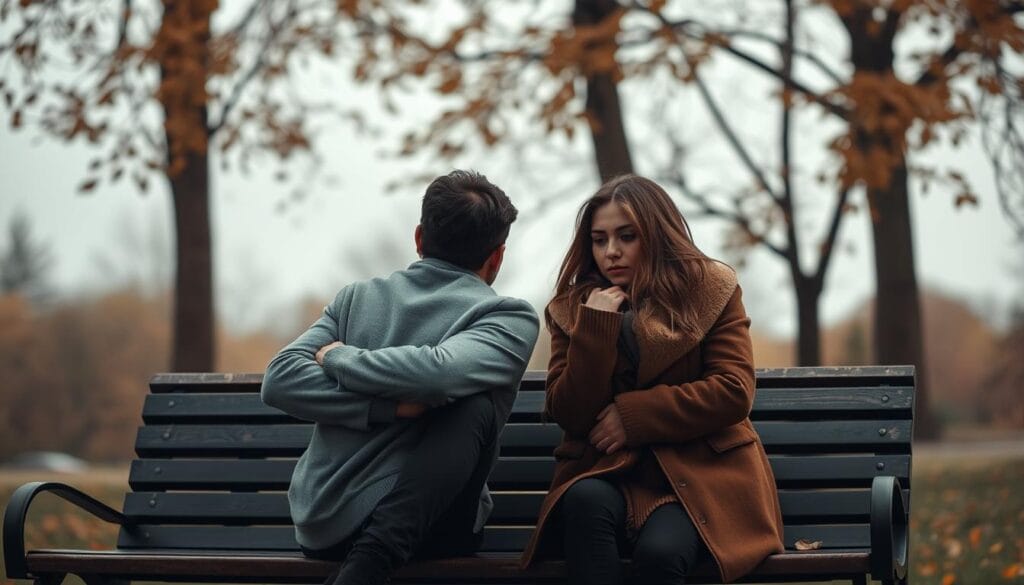 A couple sitting on a park bench, facing each other, with a palpable tension in the air. The man appears withdrawn, arms crossed, gaze averted, while the woman leans forward, her body language conveying concern and a desire to connect. Soft, muted tones of autumn leaves and a gently overcast sky create a melancholic atmosphere, reflecting the emotional distance between the two figures. The scene is captured with a shallow depth of field, emphasizing the intimacy of the moment and the sense of isolation felt by the couple. Warm, directional lighting subtly illuminates their faces, hinting at the vulnerability and vulnerability beneath the surface.