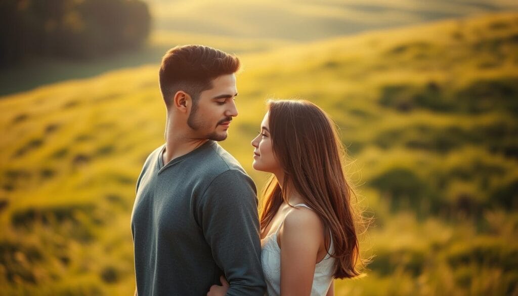 A couple standing in a serene, sun-dappled meadow, gazing into each other's eyes with unwavering focus. The man's expression is one of steadfast determination, his body language conveying a sense of stability and emotional maturity. The woman's face is tranquil, her body language mirroring the man's, suggesting a deep, unshakable bond. The background is a lush, verdant landscape, with soft, warm lighting casting a gentle glow over the scene. The overall mood is one of emotional harmony, trust, and the quiet confidence that comes from a relationship built on mutual understanding and respect. A couple standing in a serene, sun-dappled meadow, gazing into each other's eyes with unwavering focus. The man's expression is one of steadfast determination, his body language conveying a sense of stability and emotional maturity. The woman's face is tranquil, her body language mirroring the man's, suggesting a deep, unshakable bond. The background is a lush, verdant landscape, with soft, warm lighting casting a gentle glow over the scene. The overall mood is one of emotional harmony, trust, and the quiet confidence that comes from a relationship built on mutual understanding and respect.