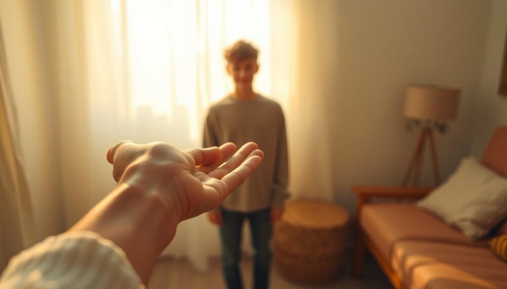 A cozy, intimate scene of a shy, introverted person being approached with care and understanding. In the foreground, a gentle hand reaches out, offering a heartfelt connection. The introverted figure, bathed in warm, soft lighting, stands with a hint of hesitation yet openness in their eyes. In the middle ground, a serene, minimalist setting with neutral tones creates a calming atmosphere, allowing the emotional connection to take center stage. The background fades into a dreamlike blur, focusing the viewer's attention on the tender moment unfolding. Delicate, whisper-like brushstrokes and a dreamlike quality convey the sensitivity required to win the heart of an introvert.