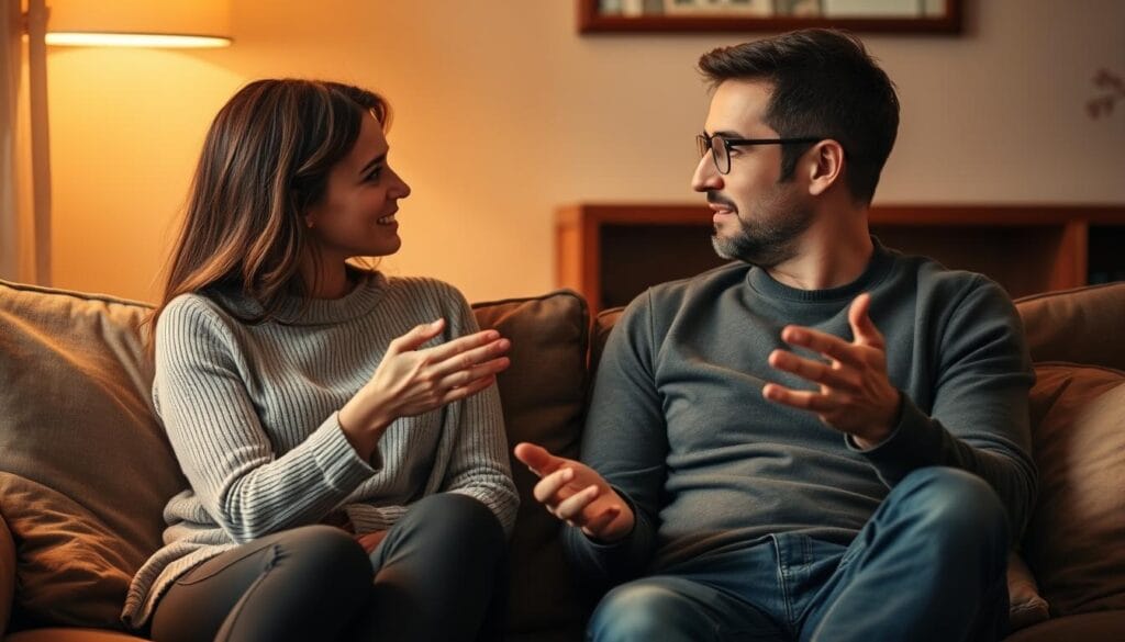 A cozy living room setting, with a couple sitting on a comfortable sofa, engaged in deep conversation. Warm lighting casts a soft glow, creating an intimate and inviting atmosphere. The woman leans in, her body language open and attentive, as the man gestures with his hands, his expression earnest and sincere. Subtle body language, such as subtle eye contact and gentle touches, convey a sense of connection and mutual understanding between the two. The overall scene suggests a growing relationship built on open and meaningful communication, where both individuals are actively listening and responding to each other's signals.