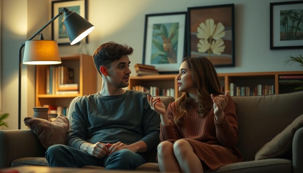 A cozy living room setting, with a young couple sitting on a comfortable couch, engaged in a deep conversation. Soft, warm lighting from a floor lamp casts a gentle glow, creating an intimate atmosphere. The man leans in, listening intently, while the woman gestures animatedly, sharing her thoughts. In the background, bookshelves and framed artwork suggest an intellectual and thoughtful environment, encouraging a meaningful exchange. The scene conveys a sense of genuine connection, where the couple is focused on understanding each other better through open and engaging dialogue.