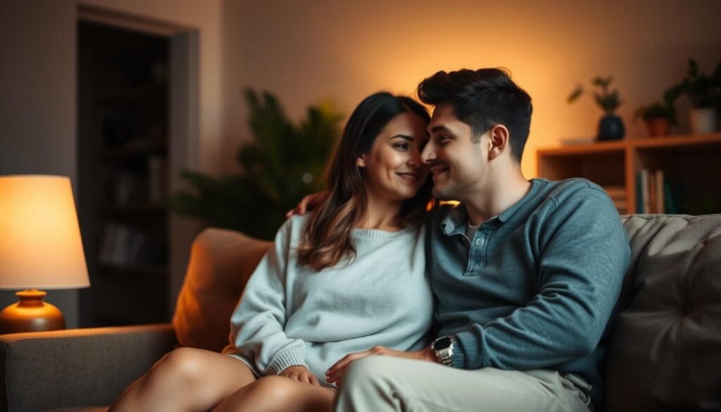 A cozy living room setting, with a young woman and her partner sitting close together on a comfortable couch. Soft, warm lighting casts a gentle glow, creating an intimate and comforting atmosphere. The couple is engaged in a relaxed conversation, their body language suggesting affection and emotional connection. In the background, a bookshelf or potted plants add a sense of homeliness. The scene conveys a sense of tranquility, where the focus is on the shared experience of quality time and the feeling of being present with each other.