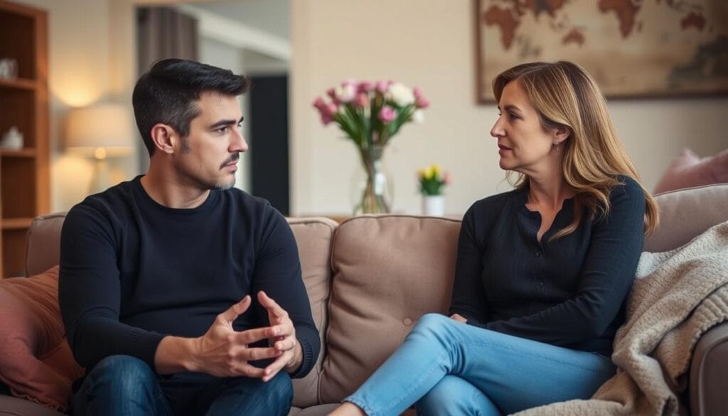 A cozy living room with soft lighting, a couple seated on a plush sofa engaged in a sincere conversation. The man's expression is apologetic, his hands clasped in a gesture of repentance, while the woman's face displays a mix of understanding and forgiveness. The background is blurred, focusing the viewer's attention on the emotional exchange between the two individuals. Subtle details, such as a vase of fresh flowers or a warm throw blanket, add to the atmosphere of reconciliation. A cozy living room with soft lighting, a couple seated on a plush sofa engaged in a sincere conversation. The man's expression is apologetic, his hands clasped in a gesture of repentance, while the woman's face displays a mix of understanding and forgiveness. The background is blurred, focusing the viewer's attention on the emotional exchange between the two individuals. Subtle details, such as a vase of fresh flowers or a warm throw blanket, add to the atmosphere of reconciliation.