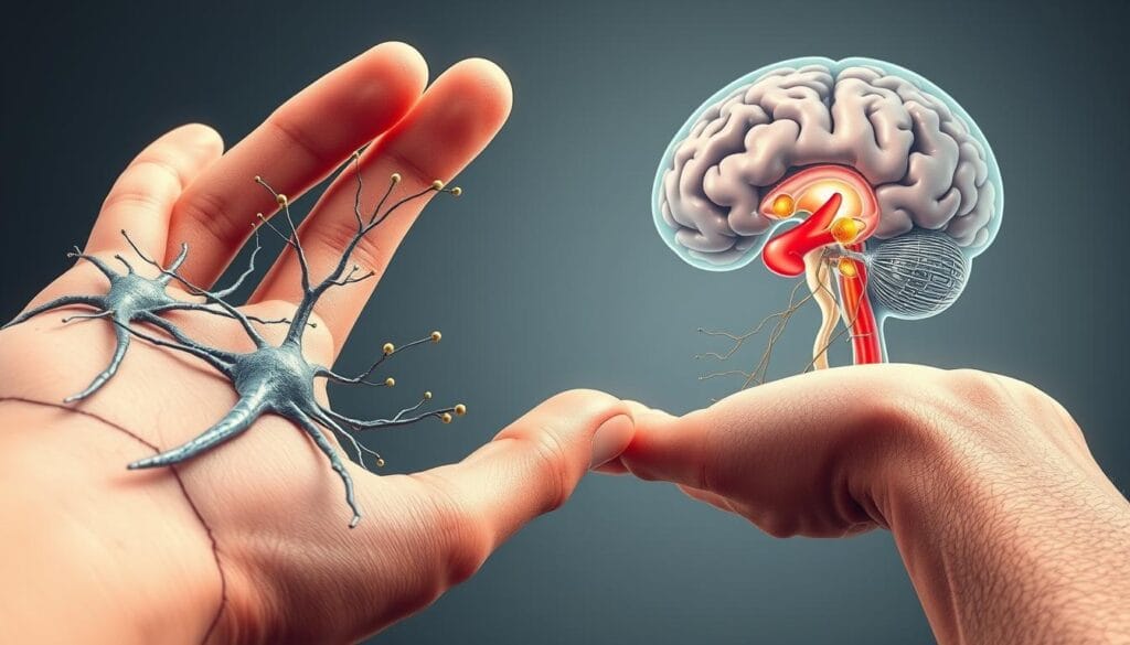 A detailed anatomical illustration showcasing the neurobiological mechanisms of touch. The foreground depicts the intricate network of sensory nerves and receptors in the skin, with a close-up view of their structure and function. The middle ground features a cross-section of the underlying tissue layers, highlighting the complex pathways through which touch signals are transmitted to the brain. In the background, a stylized rendering of the brain reveals the regions responsible for processing and interpreting tactile sensations, including the somatosensory cortex. The image is rendered in a muted, scientific color palette with strong contrast and subtle lighting to emphasize the technical details. An overall sense of depth, precision, and intellectual engagement is conveyed, suitable for illustrating the "Neurobiologia dotyku i efekty hormonalne" section of the article.