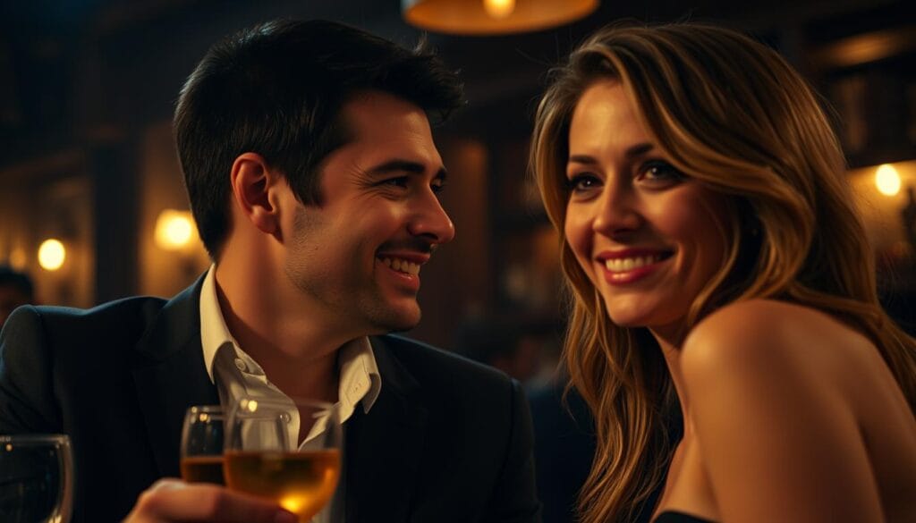 A dimly lit bar scene, with a man leaning in close to a woman, a charming grin on his face as he delivers a smooth, flattering compliment. The woman appears intrigued, her expression a mix of amusement and coy interest. The lighting is warm and inviting, creating a sense of intimacy and flirtation. The background is blurred, keeping the focus on the interactions between the two individuals. The camera angle is slightly elevated, providing a voyeuristic perspective on the subtle game of seduction unfolding before the viewer. A dimly lit bar scene, with a man leaning in close to a woman, a charming grin on his face as he delivers a smooth, flattering compliment. The woman appears intrigued, her expression a mix of amusement and coy interest. The lighting is warm and inviting, creating a sense of intimacy and flirtation. The background is blurred, keeping the focus on the interactions between the two individuals. The camera angle is slightly elevated, providing a voyeuristic perspective on the subtle game of seduction unfolding before the viewer.