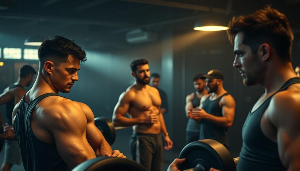 A dimly lit gym interior, the air thick with the scent of exertion. Muscular men in fitted athletic wear lift weights, their expressions focused as they push themselves to the limit. In the background, a group of men engage in lively conversation, their gestures animated as they discuss their latest workout routine or an upcoming recreational activity. Soft, warm lighting casts a cozy glow, creating an inviting atmosphere that encourages camaraderie and shared experiences. The overall scene evokes a sense of community, where solo fitness enthusiasts come together to connect, challenge each other, and find a sense of belonging.