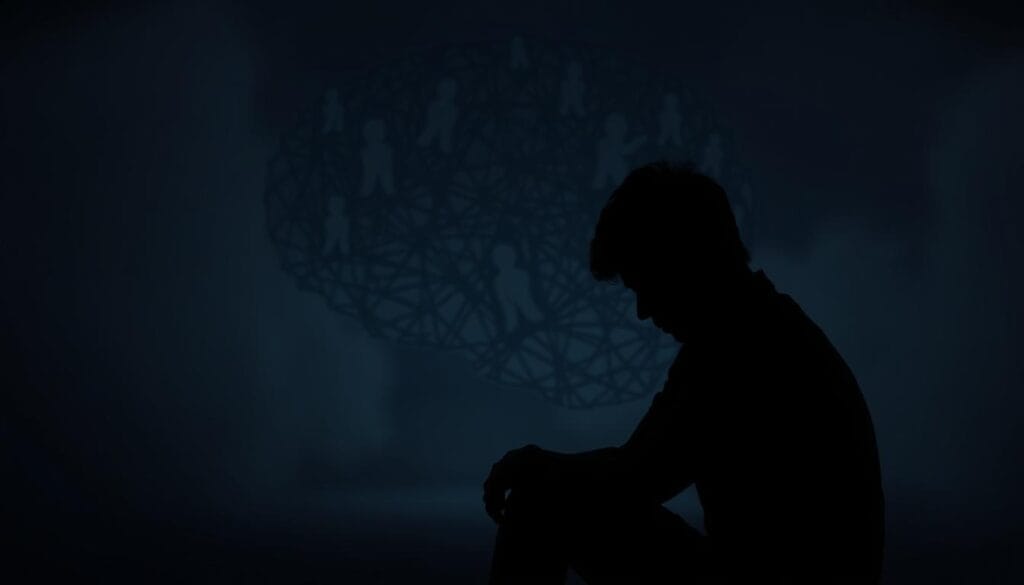 A dimly lit, introspective scene depicting the psychological impact of silent treatment. In the foreground, a person sits alone, shoulders hunched, face obscured by shadows, conveying a sense of isolation and emotional pain. The middle ground features a tangled web of shadowy figures, symbolizing the complex interpersonal dynamics and the strain on mental health caused by silent punishment. The background is hazy, with muted colors and a sense of emotional heaviness, creating an atmosphere of melancholy and unease. Soft, diffused lighting casts a somber glow, heightening the pensive mood. The overall composition evokes the profound effect of silent treatment on an individual's psychological well-being. A dimly lit, introspective scene depicting the psychological impact of silent treatment. In the foreground, a person sits alone, shoulders hunched, face obscured by shadows, conveying a sense of isolation and emotional pain. The middle ground features a tangled web of shadowy figures, symbolizing the complex interpersonal dynamics and the strain on mental health caused by silent punishment. The background is hazy, with muted colors and a sense of emotional heaviness, creating an atmosphere of melancholy and unease. Soft, diffused lighting casts a somber glow, heightening the pensive mood. The overall composition evokes the profound effect of silent treatment on an individual's psychological well-being.