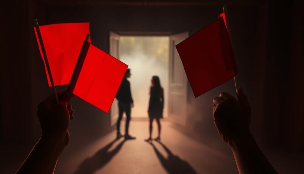 A dimly lit room, the air thick with tension. In the foreground, a pair of hands holding up a series of red flags, symbolic of the warning signs in a troubled relationship. The flags cast long shadows, creating a sense of unease and foreboding. In the middle ground, the figures of a couple, their body language strained and distant, facing away from each other. The background is hazy, a blur of muted colors, reflecting the emotional turmoil that has enveloped their connection. The lighting is dramatic, casting a warm, reddish glow, heightening the sense of urgency and the need to take heed of these crimson signals before it's too late.