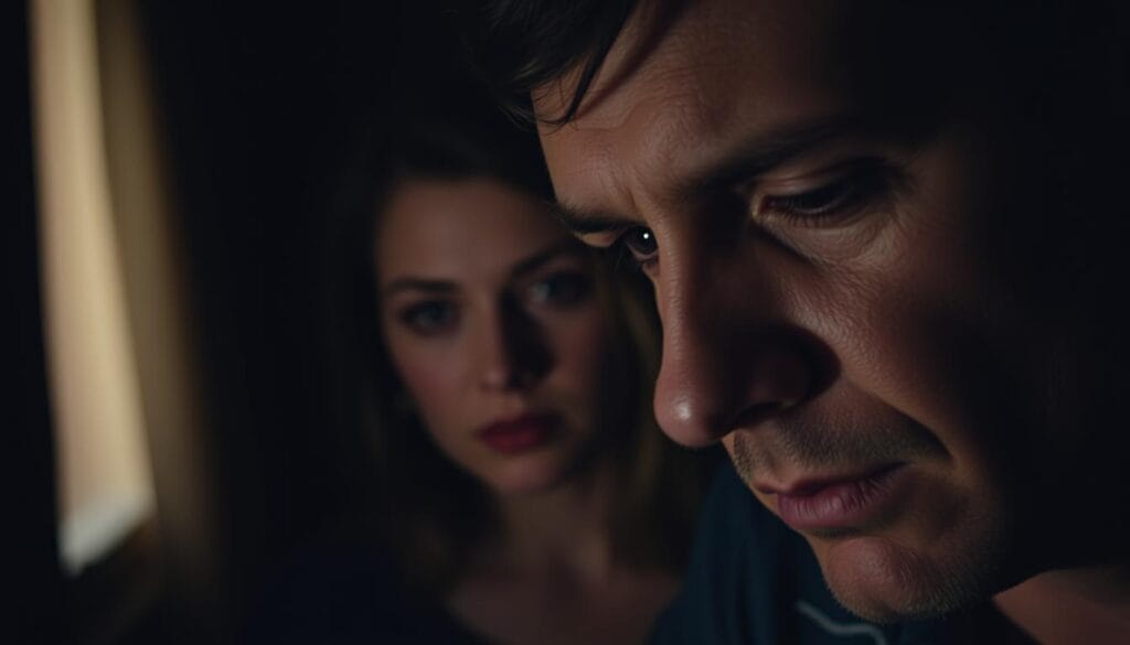 A dimly lit room, the air thick with unspoken tension. In the foreground, a man's face, his eyes downcast, brows furrowed in a pensive expression. His gaze betrays uncertainty, the subtle nuances lost in translation. In the middle ground, a woman's face, her eyes locked on him, a silent plea for understanding. The lighting casts shadows that obscure their true emotions, leaving room for misinterpretation. The background is blurred, suggesting the distractions and external factors that can influence our perception of others' looks. A study in the complexities of human communication, where subtle cues can be misread, leading to "błędy interpretacji spojrzeń".