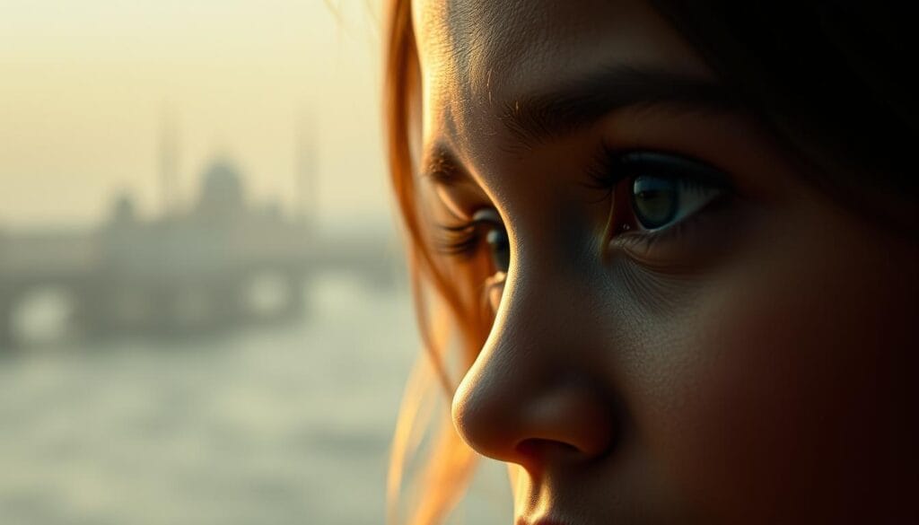 A heartfelt portrait capturing the emotional value and expression of feelings. In the foreground, a close-up of a person's face, their eyes conveying a pensive, introspective gaze. The lighting is soft and warm, creating an intimate, reflective atmosphere. In the middle ground, delicate, expressive brushstrokes of color suggest the subtle nuances of human emotion. The background is abstract, with layers of muted tones and textures that evoke a sense of depth and contemplation. The overall composition is balanced and harmonious, inviting the viewer to pause and connect with the emotional resonance of the scene. A heartfelt portrait capturing the emotional value and expression of feelings. In the foreground, a close-up of a person's face, their eyes conveying a pensive, introspective gaze. The lighting is soft and warm, creating an intimate, reflective atmosphere. In the middle ground, delicate, expressive brushstrokes of color suggest the subtle nuances of human emotion. The background is abstract, with layers of muted tones and textures that evoke a sense of depth and contemplation. The overall composition is balanced and harmonious, inviting the viewer to pause and connect with the emotional resonance of the scene.