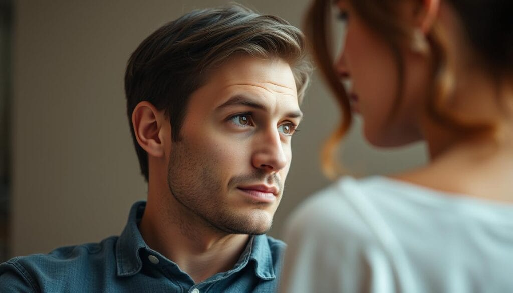 A man subtly glancing, his eyes locked with a woman's, conveying a timid yet captivating interest. His body language is relaxed, with a slight lean towards her, suggesting an unspoken attraction. The lighting is soft and natural, casting gentle shadows that accentuate the contours of his face. The background is blurred, keeping the focus on the intimate interaction between the two figures. The overall atmosphere is one of quiet contemplation, hinting at the unspoken signals that reveal the man's genuine feelings. A man subtly glancing, his eyes locked with a woman's, conveying a timid yet captivating interest. His body language is relaxed, with a slight lean towards her, suggesting an unspoken attraction. The lighting is soft and natural, casting gentle shadows that accentuate the contours of his face. The background is blurred, keeping the focus on the intimate interaction between the two figures. The overall atmosphere is one of quiet contemplation, hinting at the unspoken signals that reveal the man's genuine feelings.