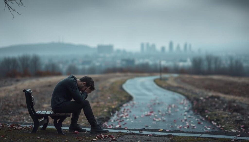 A melancholic landscape depicting the stages of recovering from a breakup. In the foreground, a solitary figure sits hunched on a bench, head in hands, their body language conveying deep sorrow. The middle ground features a winding path, symbolic of the emotional journey, with scattered petals and fallen leaves alluding to the fragility of the situation. In the background, a blurred cityscape fades into the distance, suggesting the passage of time and the eventual move towards closure. Muted colors and soft, diffused lighting create a somber, introspective atmosphere, reflecting the bittersweet process of healing and acceptance.