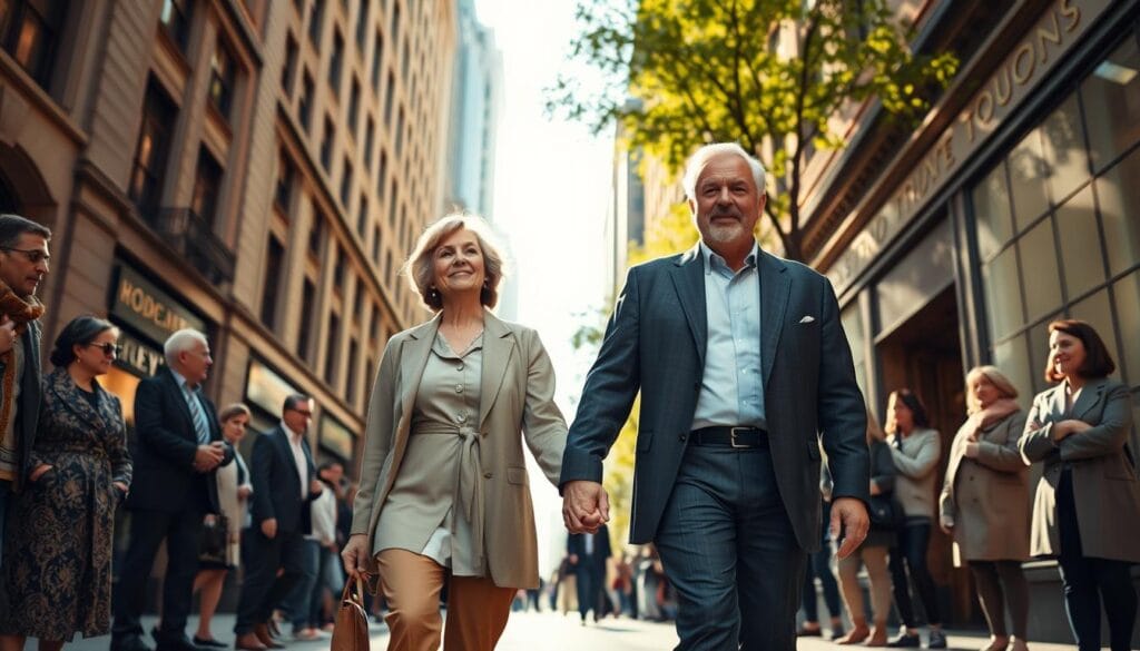 A middle-aged couple walking hand-in-hand down a sun-dappled city street, surrounded by onlookers who observe them with a mix of curiosity and judgment. The woman, dressed in a stylish yet modest outfit, and the man, distinguished in a well-tailored suit, radiate an air of contentment despite the subtle glances and whispers of passersby. The scene is captured from a low angle, emphasizing the towering presence of the surrounding buildings and the sense of social scrutiny. Soft, warm lighting illuminates the couple, creating a poignant contrast between their personal connection and the public's perception of their relationship. A middle-aged couple walking hand-in-hand down a sun-dappled city street, surrounded by onlookers who observe them with a mix of curiosity and judgment. The woman, dressed in a stylish yet modest outfit, and the man, distinguished in a well-tailored suit, radiate an air of contentment despite the subtle glances and whispers of passersby. The scene is captured from a low angle, emphasizing the towering presence of the surrounding buildings and the sense of social scrutiny. Soft, warm lighting illuminates the couple, creating a poignant contrast between their personal connection and the public's perception of their relationship.