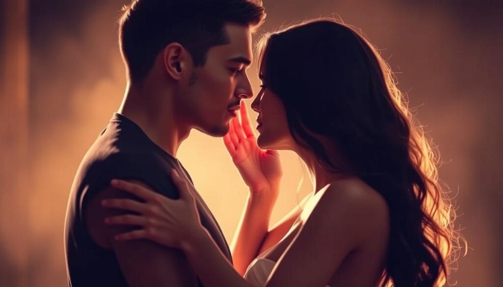 A passionate couple in an intimate embrace, their lips locked in a slow, sensual dance. The man's hands gently caress the woman's face as she melts into his touch, their bodies swaying in a captivating rhythm. Soft, warm lighting casts a romantic glow, highlighting the delicate curves and contours of their forms. The background fades into a hazy blur, drawing the viewer's focus to the couple's mesmerizing connection. The scene exudes a sense of intimacy, vulnerability, and the intoxicating power of a lover's kiss. A passionate couple in an intimate embrace, their lips locked in a slow, sensual dance. The man's hands gently caress the woman's face as she melts into his touch, their bodies swaying in a captivating rhythm. Soft, warm lighting casts a romantic glow, highlighting the delicate curves and contours of their forms. The background fades into a hazy blur, drawing the viewer's focus to the couple's mesmerizing connection. The scene exudes a sense of intimacy, vulnerability, and the intoxicating power of a lover's kiss.