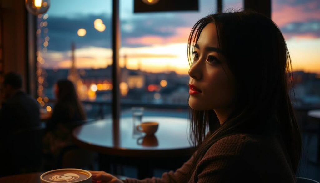 A romantic and introspective young woman gazing wistfully into the distance, her face lit by soft, warm lighting that accentuates her delicate features. She is seated in a cozy, dimly lit café setting, with subtle hints of latte art and the aroma of freshly brewed coffee in the air, creating a serene and contemplative atmosphere. The middle ground features a few other patrons, blurred and out of focus, to emphasize the woman's solitary reverie. In the background, a picturesque cityscape with twinkling lights and a romantic sunset sky, hinting at the potential for a burgeoning connection or the fulfillment of one's deepest desires. A romantic and introspective young woman gazing wistfully into the distance, her face lit by soft, warm lighting that accentuates her delicate features. She is seated in a cozy, dimly lit café setting, with subtle hints of latte art and the aroma of freshly brewed coffee in the air, creating a serene and contemplative atmosphere. The middle ground features a few other patrons, blurred and out of focus, to emphasize the woman's solitary reverie. In the background, a picturesque cityscape with twinkling lights and a romantic sunset sky, hinting at the potential for a burgeoning connection or the fulfillment of one's deepest desires.