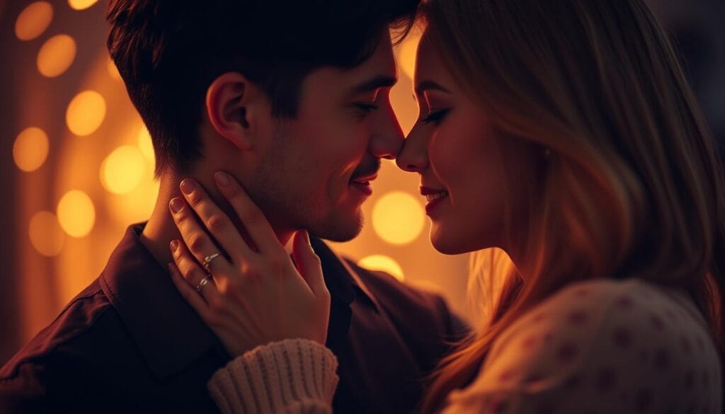 A romantic couple gazing into each other's eyes, their faces illuminated by warm, soft lighting, conveying a sense of deep emotional connection and intimacy. The woman's hand gently rests on the man's cheek, as they lean in towards one another, their bodies subtly intertwined. The background is blurred, creating a dreamlike, ethereal atmosphere that focuses the viewer's attention on the couple's profound emotional bond. The composition is balanced and the lens is set to a shallow depth of field, further emphasizing the intimate, moment-in-time feel.