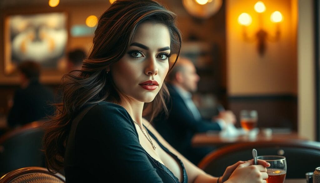 A sensual and sophisticated woman, elegantly dressed, subtly seducing her companion in a casual cafe setting. Soft, warm lighting casts a glow across the scene, creating an intimate, alluring atmosphere. The woman's confident yet coy expression, accentuated by her stylish makeup and hairstyle, draws the viewer's attention. In the background, the cafe's cozy, refined decor provides a sophisticated backdrop, hinting at the woman's refined tastes. The composition emphasizes the woman's captivating presence, capturing the essence of effortless seduction in everyday situations.
