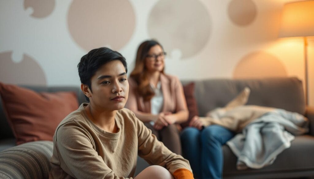 A serene and comforting scene of emotional support and therapy. In the foreground, a person sitting on a couch, their face expressing vulnerability yet a sense of calm. Soft, warm lighting illuminates the space, creating an atmosphere of safety and understanding. In the middle ground, a caring therapist sits across, their expression compassionate as they offer a listening ear and gentle guidance. The background features abstract, soothing shapes and textures, reminiscent of a tranquil, nurturing environment. The overall mood conveys the restorative power of emotional connection and professional support during difficult times. A serene and comforting scene of emotional support and therapy. In the foreground, a person sitting on a couch, their face expressing vulnerability yet a sense of calm. Soft, warm lighting illuminates the space, creating an atmosphere of safety and understanding. In the middle ground, a caring therapist sits across, their expression compassionate as they offer a listening ear and gentle guidance. The background features abstract, soothing shapes and textures, reminiscent of a tranquil, nurturing environment. The overall mood conveys the restorative power of emotional connection and professional support during difficult times.