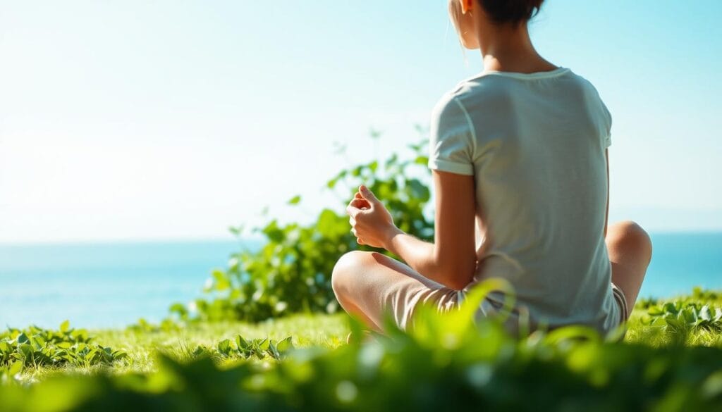 A serene and introspective scene showcasing personal and relational growth. In the foreground, a couple sit cross-legged, facing each other, their hands clasped in an intimate embrace. Soft natural lighting bathes the scene, creating a sense of warmth and thoughtfulness. In the middle ground, a lush, verdant garden blooms, representing the flourishing of their bond. The background fades into a tranquil, azure sky, suggesting the expansive possibilities of their shared journey. The overall composition evokes a sense of openness, reflection, and the nurturing of the self and the partnership.