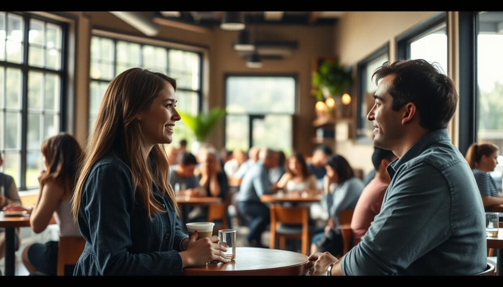 A serene café setting, filled with natural light streaming through large windows. In the foreground, a young woman and man engaged in animated conversation, their body language and facial expressions conveying a sense of connection and understanding. The middle ground features a diverse array of patrons - some deeply immersed in their own discussions, others observing with curiosity. The background showcases the cozy, inviting ambiance of the café, with wooden furnishings, warm lighting, and hints of greenery. The overall scene radiates a sense of comfort, camaraderie, and the practical application of meaningful conversations in everyday life.
