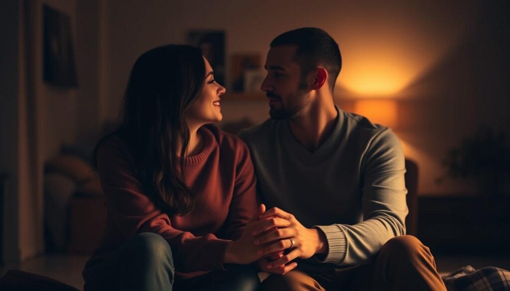 A serene, dimly lit room where a couple sits closely, their hands intertwined, gazing into each other's eyes. The soft, warm lighting creates an intimate, cozy atmosphere, emphasizing the connection between them. The background is blurred, with hints of a shared living space, suggesting a sense of shared space and time. The couple appears content and at peace, embodying the idea of "przestrzeń i czas w związku" - the importance of creating a shared space and time within a healthy relationship.