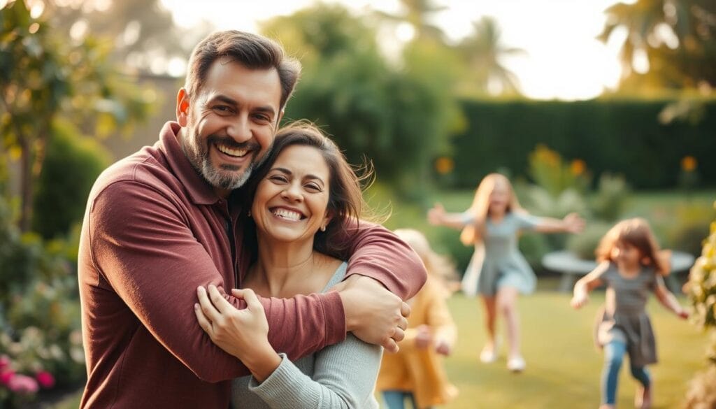 A serene family portrait in a warm, natural setting. In the foreground, a loving couple embrace, their expressions radiating contentment and renewed connection. Behind them, their children play happily, their laughter filling the air. The background features a tranquil garden, with lush greenery and a soft, diffused lighting that imbues the scene with a sense of harmony and balance. The overall atmosphere conveys a restorative, rejuvenating mood, capturing the essence of restored personal and familial equilibrium. A serene family portrait in a warm, natural setting. In the foreground, a loving couple embrace, their expressions radiating contentment and renewed connection. Behind them, their children play happily, their laughter filling the air. The background features a tranquil garden, with lush greenery and a soft, diffused lighting that imbues the scene with a sense of harmony and balance. The overall atmosphere conveys a restorative, rejuvenating mood, capturing the essence of restored personal and familial equilibrium.
