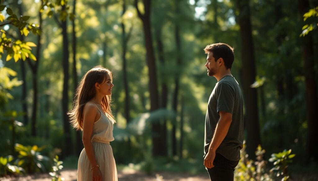 A serene forest glade, sunlight filtering through the lush greenery. In the foreground, two figures stand apart, one radiating with the flush of infatuation, the other exuding a deeper, calmer affection. Subtle differences in their body language, facial expressions, and energy levels convey the nuanced transition from the initial spark of attraction to the steadfast bond of true love. The background blurs, the focus honing in on the intimate connection between the two. Soft, warm lighting accentuates the emotional intimacy, while a sense of tranquility and understanding permeates the scene. This image captures the essence of the shift from enchantment to devotion.