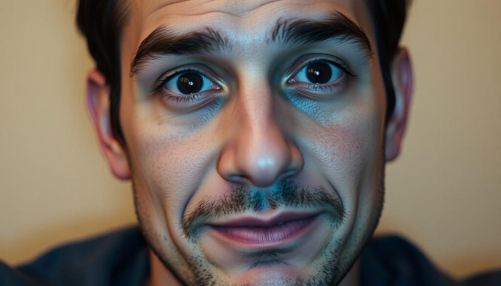 A softly lit close-up of a shy man's face, with a thoughtful expression and gentle eye contact. His body language is open and relaxed, conveying a sense of approachability. The background is a warm, neutral tone, creating a cozy, intimate atmosphere. The lighting is natural and flattering, highlighting the man's features and creating a sense of vulnerability. The camera angle is slightly elevated, giving the viewer a sense of connection and understanding. The overall mood is one of genuine communication, where the man's body language and facial expressions invite the viewer to engage with him in a meaningful way.