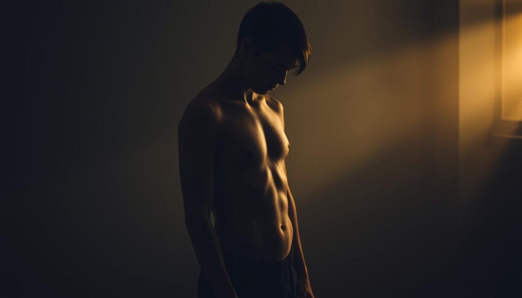 A solitary figure in a dimly lit room, their body language conveying a sense of isolation and longing. The subject's face is partially obscured, suggesting the emotional and psychological impact of physical disconnection. The background is hazy, with muted colors and soft shadows, creating a melancholic atmosphere. Subtle lighting casts a warm, almost golden glow, highlighting the subject's vulnerability. The overall composition evokes a palpable absence, a physical and emotional void that yearns to be filled by the comfort and reassurance of human touch. A solitary figure in a dimly lit room, their body language conveying a sense of isolation and longing. The subject's face is partially obscured, suggesting the emotional and psychological impact of physical disconnection. The background is hazy, with muted colors and soft shadows, creating a melancholic atmosphere. Subtle lighting casts a warm, almost golden glow, highlighting the subject's vulnerability. The overall composition evokes a palpable absence, a physical and emotional void that yearns to be filled by the comfort and reassurance of human touch.