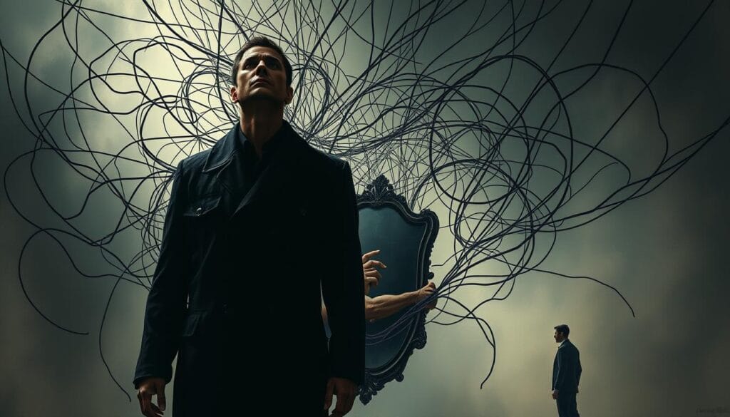 A striking scene depicting the intricate web of narcissistic behaviors. In the foreground, a figure stands tall, their gaze intense and unrelenting, conveying a sense of grandiose self-importance. Surrounding them, swirling tendrils of manipulative gestures and subtle gaslighting, creating an atmosphere of psychological entrapment. In the middle ground, a fragmented mirror reflects a distorted self-image, hinting at the underlying insecurities that drive the narcissist's actions. The background fades into a hazy, dreamlike realm, symbolizing the elusive nature of the narcissist's self-control and the moment of reluctant surrender. Dramatic lighting casts dramatic shadows, accentuating the contrasts between the narcissist's public persona and their private torment. Painted in a somber, muted palette, the scene evokes a sense of unease and the intricate dance of power and vulnerability. A striking scene depicting the intricate web of narcissistic behaviors. In the foreground, a figure stands tall, their gaze intense and unrelenting, conveying a sense of grandiose self-importance. Surrounding them, swirling tendrils of manipulative gestures and subtle gaslighting, creating an atmosphere of psychological entrapment. In the middle ground, a fragmented mirror reflects a distorted self-image, hinting at the underlying insecurities that drive the narcissist's actions. The background fades into a hazy, dreamlike realm, symbolizing the elusive nature of the narcissist's self-control and the moment of reluctant surrender. Dramatic lighting casts dramatic shadows, accentuating the contrasts between the narcissist's public persona and their private torment. Painted in a somber, muted palette, the scene evokes a sense of unease and the intricate dance of power and vulnerability.