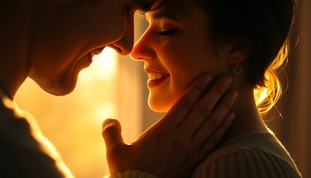 A tender, intimate moment between two lovers, their faces aglow in soft, golden light. In the foreground, a gentle hand caresses a cheek, fingers tracing the contours with reverent care. Gazes lock, brimming with unspoken affection, the air electric with the weight of a profound realization. In the background, a hazy, dreamlike setting - a cozy, dimly lit room, or perhaps a secluded garden - fades into the periphery, the focus solely on the captivating exchange between the two figures. Capturing the essence of a transformative, "aha" instance where love is unmistakably felt and acknowledged, a tableau of pure, understated intimacy. A tender, intimate moment between two lovers, their faces aglow in soft, golden light. In the foreground, a gentle hand caresses a cheek, fingers tracing the contours with reverent care. Gazes lock, brimming with unspoken affection, the air electric with the weight of a profound realization. In the background, a hazy, dreamlike setting - a cozy, dimly lit room, or perhaps a secluded garden - fades into the periphery, the focus solely on the captivating exchange between the two figures. Capturing the essence of a transformative, "aha" instance where love is unmistakably felt and acknowledged, a tableau of pure, understated intimacy.