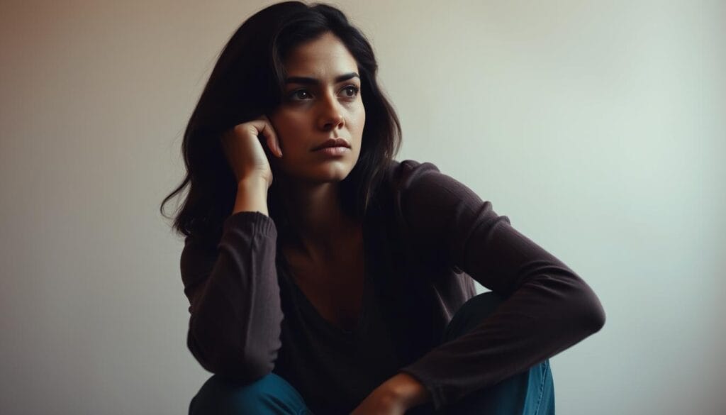 A thoughtful, contemplative woman sits alone, her gaze directed inwards as she reflects on the aftermath of a relationship. The warm, diffused lighting casts a pensive mood, accentuating the introspective nature of the scene. The middle ground is minimalistic, allowing the subject to be the focal point, while the background is softly blurred, creating a sense of isolation and introspection. The woman's expression is one of quiet contemplation, her body language conveying a mixture of melancholy and resilience as she processes the insights and emotions that linger in the wake of a breakup.