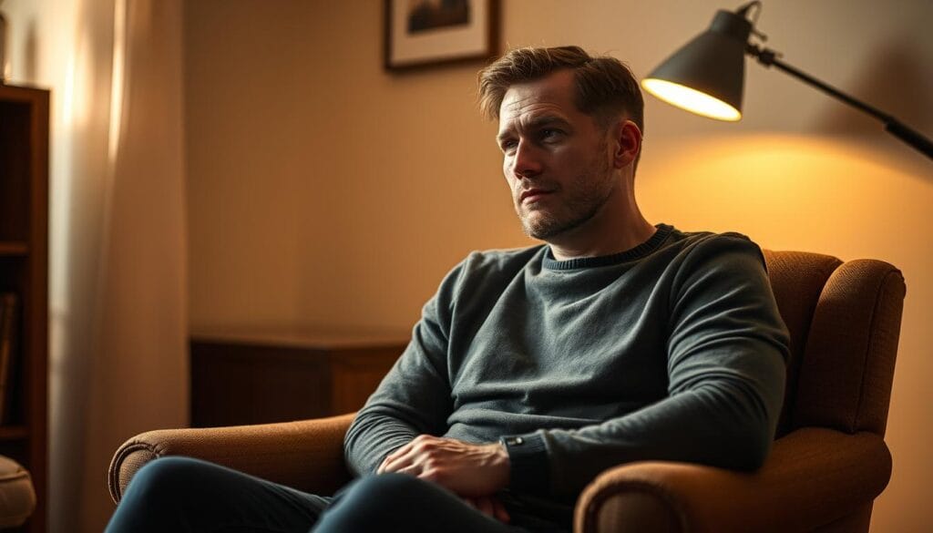 A thoughtful man sitting in a cozy armchair, contemplating the subtle signals of his affection. Warm lighting casts a soft glow, creating an introspective atmosphere. His body language - a gentle lean forward, a pensive gaze - hints at the unspoken emotions bubbling beneath the surface. The room is sparsely decorated, drawing the viewer's focus to the man's expression and the nuanced body language that speaks volumes about the inner workings of the male mind when in love. Detailed textures, muted colors, and a sense of intimacy invite the viewer to interpret the man's signals and delve into the complex dance of male courtship.