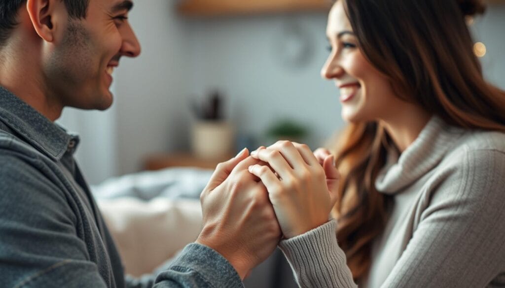 A warm, intimate conversation between a couple, their bodies language reflecting mutual understanding and respect. The foreground shows their faces in close profile, eyes locked, gentle smiles conveying affection. The middle ground depicts their hands intertwined, fingers entwined in a tender gesture. The background is softly blurred, suggesting a cozy, domestic setting - perhaps a living room or kitchen, with muted tones and subtle lighting that creates a sense of comfort and security. The overall mood is one of everyday connection, a shared moment of easy, natural communication between partners. A warm, intimate conversation between a couple, their bodies language reflecting mutual understanding and respect. The foreground shows their faces in close profile, eyes locked, gentle smiles conveying affection. The middle ground depicts their hands intertwined, fingers entwined in a tender gesture. The background is softly blurred, suggesting a cozy, domestic setting - perhaps a living room or kitchen, with muted tones and subtle lighting that creates a sense of comfort and security. The overall mood is one of everyday connection, a shared moment of easy, natural communication between partners.