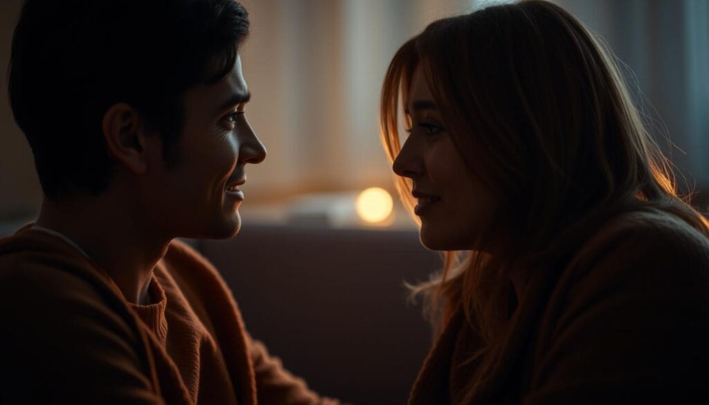 A warm, intimate scene of two people deeply engaged in heartfelt conversation, their faces close, eyes locked, conveying a sense of emotional connection and understanding. The lighting is soft and diffused, creating a cozy, intimate atmosphere. The background is blurred, keeping the focus on the central figures and their interaction. The overall mood is one of emotional intimacy, trust, and the building of a meaningful bond through open, genuine communication.