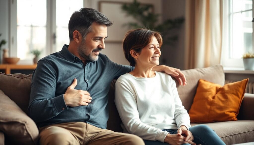 A warm, inviting living room scene with a couple sitting together on a comfortable couch, engaged in a thoughtful discussion. The man is leaning in, offering a reassuring hand on his partner's shoulder, while she leans back, appearing relaxed and open. Soft, diffused lighting from a nearby window creates a cozy, intimate atmosphere. The room is tastefully decorated with muted colors and natural textures, conveying a sense of harmony and support. The composition draws the viewer's eye to the couple, highlighting their connection and the practical, emotional support they share. A warm, inviting living room scene with a couple sitting together on a comfortable couch, engaged in a thoughtful discussion. The man is leaning in, offering a reassuring hand on his partner's shoulder, while she leans back, appearing relaxed and open. Soft, diffused lighting from a nearby window creates a cozy, intimate atmosphere. The room is tastefully decorated with muted colors and natural textures, conveying a sense of harmony and support. The composition draws the viewer's eye to the couple, highlighting their connection and the practical, emotional support they share.