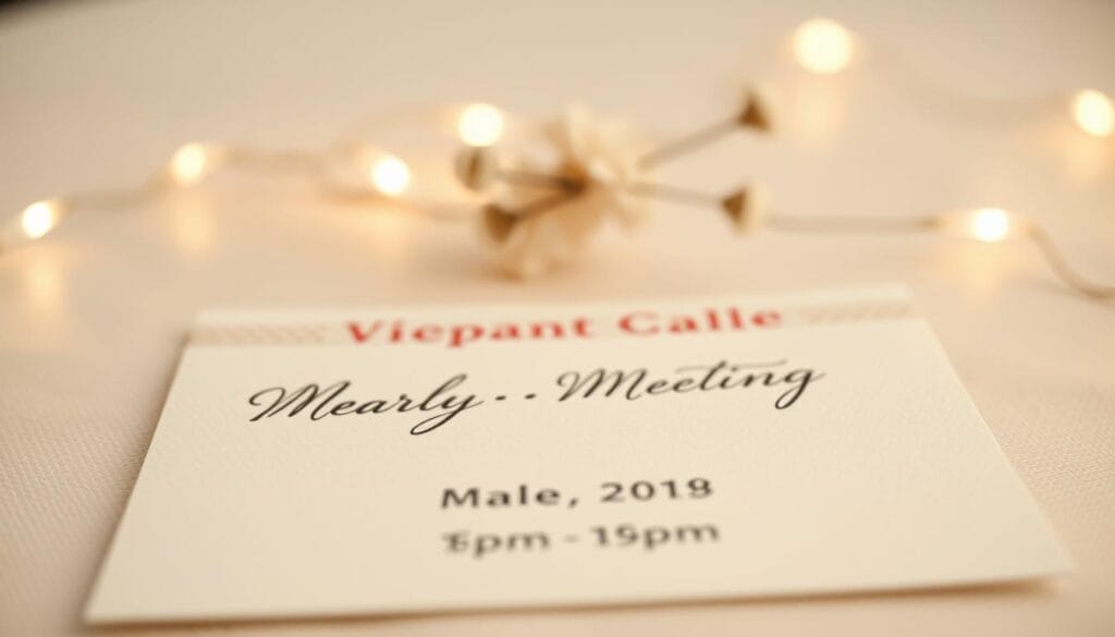 A warm, inviting meeting invitation displayed on a soft, textured stationery. In the foreground, elegant cursive script spells out the invitation details - date, time, location. The midground features a delicate floral border, adding a touch of sophistication. The background is a muted, neutral palette, allowing the invitation to take center stage. Subtle ambient lighting casts a gentle glow, creating an atmosphere of friendliness and anticipation. The overall composition conveys a sense of thoughtfulness and personal connection, enticing the recipient to attend the proposed meeting.
