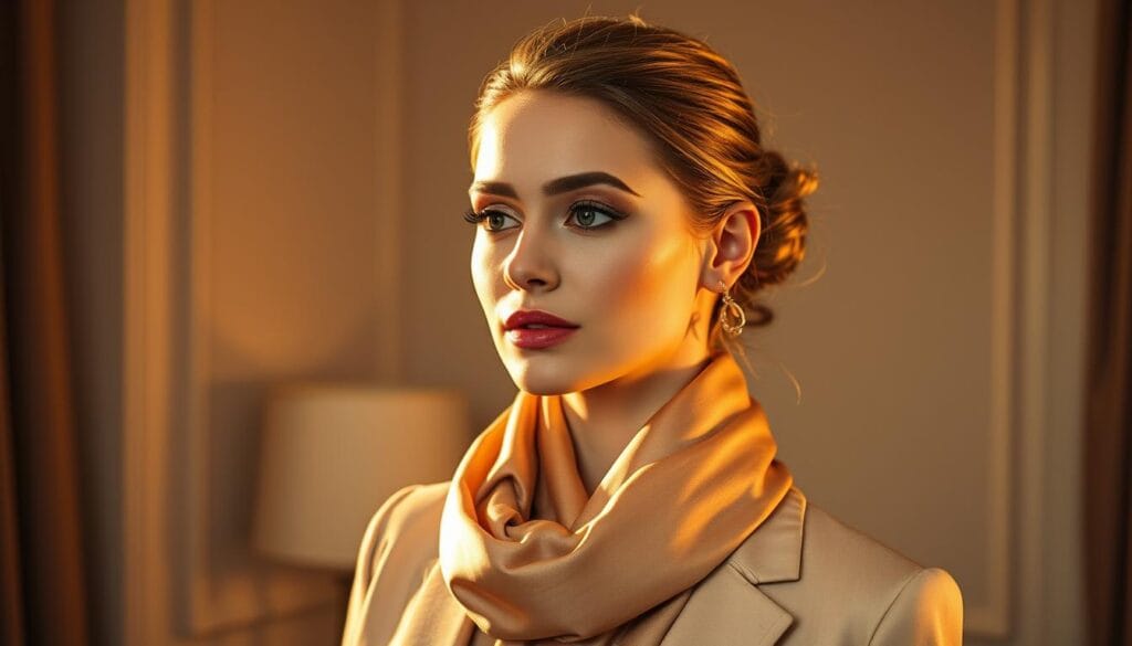 A well-groomed woman stands in a softly lit room, her delicate features accentuated by warm, golden illumination. Her makeup is flawlessly applied, her hair styled with precision, and her outfit tailored to perfection. Attention to detail is evident in every aspect of her appearance, from the subtle shimmer of her eyeshadow to the gentle folds of her luxurious silk scarf. The environment around her is serene and elegant, with muted colors and plush textures that complement her refined aesthetic. She embodies a sense of refined elegance and thoughtful self-presentation, captivating the viewer with her effortless sophistication.