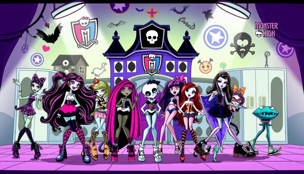 A whimsical, illustrated tableau depicting the quirky and eclectic world of Monster High. In the foreground, a playful arrangement of various Monster High characters in vivid detail - Draculaura, Clawdeen Wolf, Frankie Stein, and other fan-favorites striking dynamic poses. The middle ground features a stylized backdrop with elements drawn from the Monster High universe - spooky schoolhouse, ghoulish lockers, and iconic logos. The background is bathed in a soft, dreamlike lighting that enhances the fantastical atmosphere. The overall composition conveys a sense of energy, creativity, and the unique visual identity that defines the beloved Monster High franchise. A whimsical, illustrated tableau depicting the quirky and eclectic world of Monster High. In the foreground, a playful arrangement of various Monster High characters in vivid detail - Draculaura, Clawdeen Wolf, Frankie Stein, and other fan-favorites striking dynamic poses. The middle ground features a stylized backdrop with elements drawn from the Monster High universe - spooky schoolhouse, ghoulish lockers, and iconic logos. The background is bathed in a soft, dreamlike lighting that enhances the fantastical atmosphere. The overall composition conveys a sense of energy, creativity, and the unique visual identity that defines the beloved Monster High franchise.