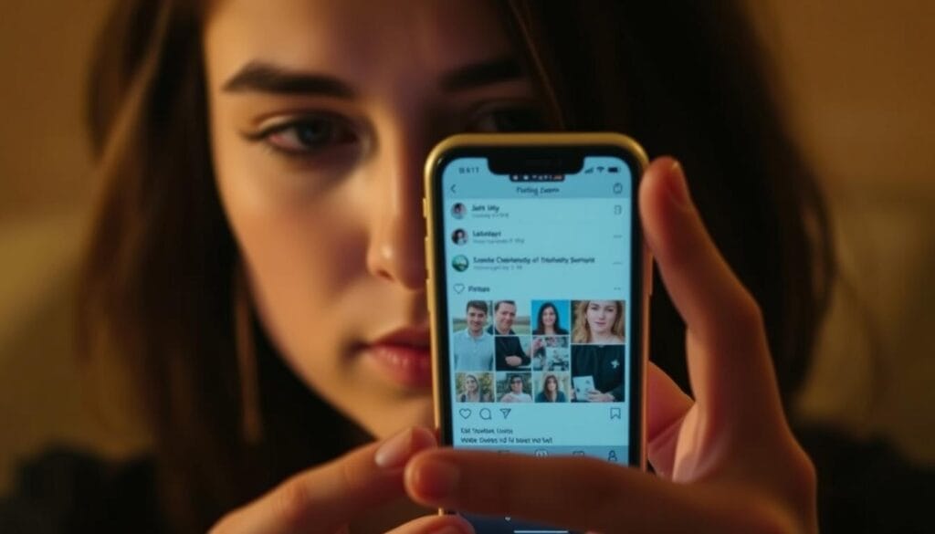 A wistful, intimate portrait capturing the allure of social media as a tool for evoking longing. In the foreground, a smartphone screen displays a meticulously curated feed, a virtual window into the lives of distant loved ones. The user's face is partially obscured, their gaze fixed on the device, their expression a mix of yearning and melancholy. The background is softly blurred, hinting at the real-world isolation that social media may inadvertently amplify. Warm, diffused lighting casts a dreamlike glow, as if the screen itself has become a mirror, reflecting the user's own unmet desires. The composition emphasizes the intimacy and introspection of this moment, where virtual connection and physical distance collide.
