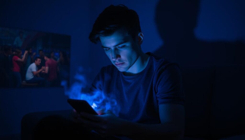 A young man sits alone in a dimly lit room, his expression pensive and haunted. Ghostly images of his ex-partner's social media posts flicker across the screen of his smartphone, stirring up a whirlwind of emotions - regret, longing, and a deep sense of loss. The harsh blue light casts harsh shadows, accentuating the melancholy atmosphere. In the background, a blurred image of a lively social gathering hints at the life his former partner is moving on to, amplifying his feelings of isolation and missed opportunities. The scene conveys the powerful impact of social media on the emotional aftermath of a breakup, a poignant reflection of the section's title.