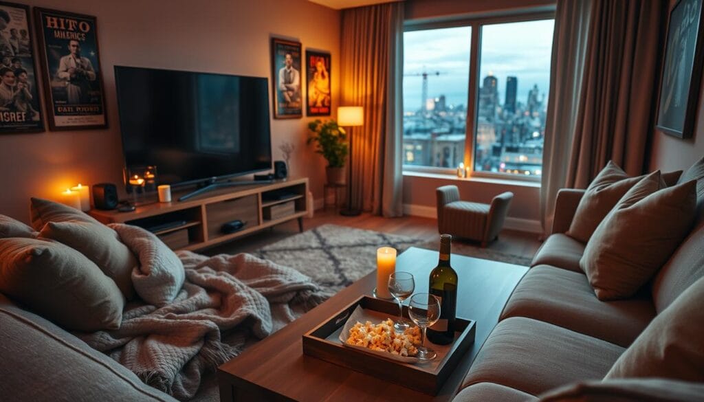 Cozy living room with warm lighting, plush sofa, and a large flatscreen TV. Soft blankets and pillows create an inviting atmosphere. Gentle candlelight flickers, setting a romantic mood. Vintage film posters adorn the walls, hinting at a passion for classic cinema. On the coffee table, a tray with freshly popped popcorn, a bottle of wine, and two glasses. Outside, the city skyline is visible through the window, a serene backdrop for an intimate evening at home. Cozy living room with warm lighting, plush sofa, and a large flatscreen TV. Soft blankets and pillows create an inviting atmosphere. Gentle candlelight flickers, setting a romantic mood. Vintage film posters adorn the walls, hinting at a passion for classic cinema. On the coffee table, a tray with freshly popped popcorn, a bottle of wine, and two glasses. Outside, the city skyline is visible through the window, a serene backdrop for an intimate evening at home.