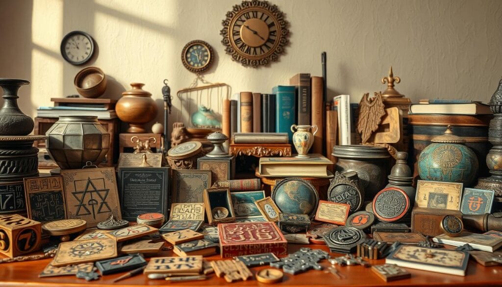 Detailed still life of assorted cultural artifacts and everyday objects, creating a visually engaging puzzle for the viewer. In the foreground, an array of enigmatic items - hieroglyphic-like symbols, intricate puzzles, and mystical talismans - inviting closer inspection. The middle ground features a mix of household objects, books, and decorative elements, hinting at the interplay between the mundane and the extraordinary. The background is a softly-lit, neutral setting, allowing the intriguing elements to take center stage. Warm, natural lighting casts subtle shadows, adding depth and a sense of contemplation. The overall composition suggests a harmonious coexistence of the puzzling and the ordinary, encouraging the viewer to explore the hidden meanings and connections within everyday life. Detailed still life of assorted cultural artifacts and everyday objects, creating a visually engaging puzzle for the viewer. In the foreground, an array of enigmatic items - hieroglyphic-like symbols, intricate puzzles, and mystical talismans - inviting closer inspection. The middle ground features a mix of household objects, books, and decorative elements, hinting at the interplay between the mundane and the extraordinary. The background is a softly-lit, neutral setting, allowing the intriguing elements to take center stage. Warm, natural lighting casts subtle shadows, adding depth and a sense of contemplation. The overall composition suggests a harmonious coexistence of the puzzling and the ordinary, encouraging the viewer to explore the hidden meanings and connections within everyday life.