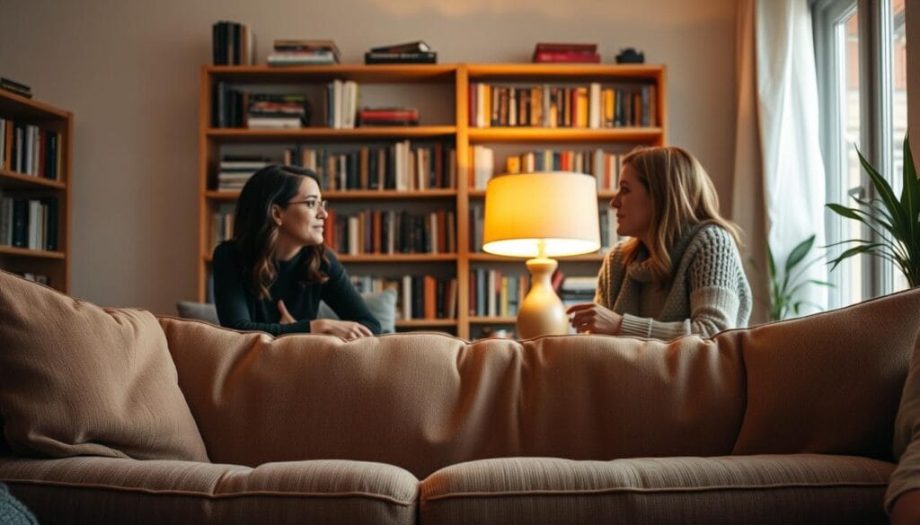 Prompt A cozy living room with a plush, inviting sofa in the foreground. In the middle ground, a warm lamp casts a soft, golden glow, illuminating a pair of women engaged in an animated conversation, their expressions captivating and their body language dynamic. The background features shelves filled with books, suggesting an intellectual and contemplative atmosphere. The lighting is soft and diffused, creating a sense of intimacy and thoughtfulness. The overall scene conveys a tranquil, yet engaging setting for a meaningful dialogue between friends. Prompt A cozy living room with a plush, inviting sofa in the foreground. In the middle ground, a warm lamp casts a soft, golden glow, illuminating a pair of women engaged in an animated conversation, their expressions captivating and their body language dynamic. The background features shelves filled with books, suggesting an intellectual and contemplative atmosphere. The lighting is soft and diffused, creating a sense of intimacy and thoughtfulness. The overall scene conveys a tranquil, yet engaging setting for a meaningful dialogue between friends.